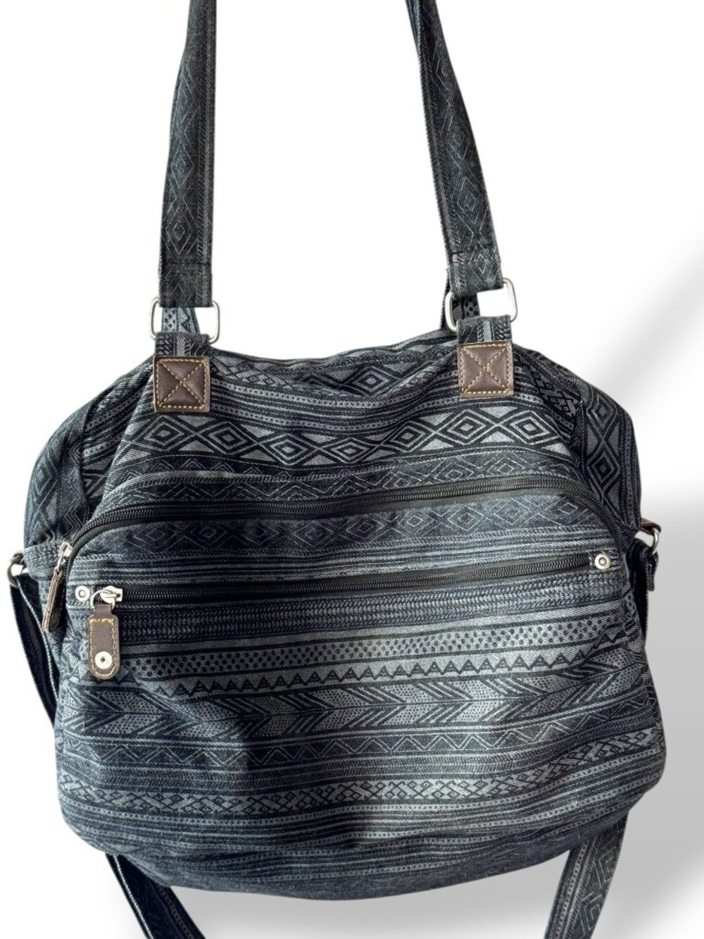Vintage Tribal Pattern Gray & Black Tote Bag With Leather Accents & Adjustable S